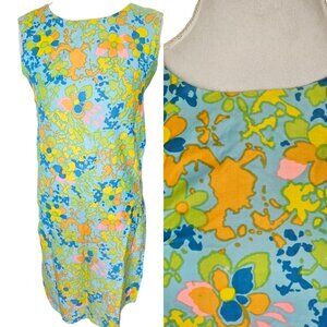 Mod 60s Womens 6 8 Colorful Floral Hawaiian Shift Dress Sears Sleeveless‎ Cotton
